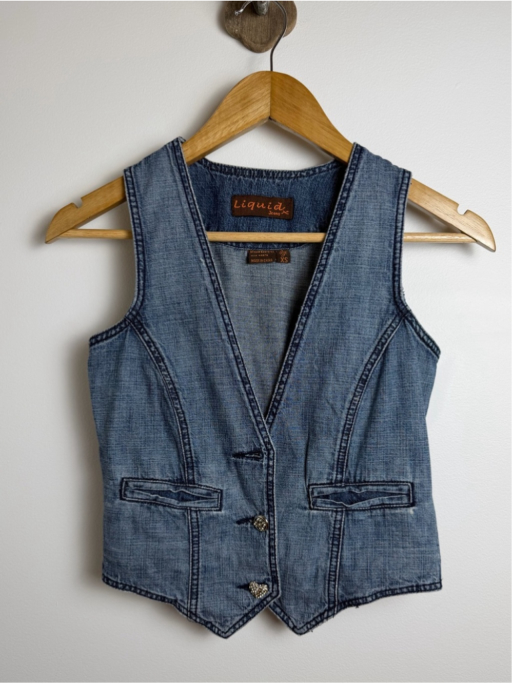 Y2K Denim Vest Rhinestone Button Western Boho XS